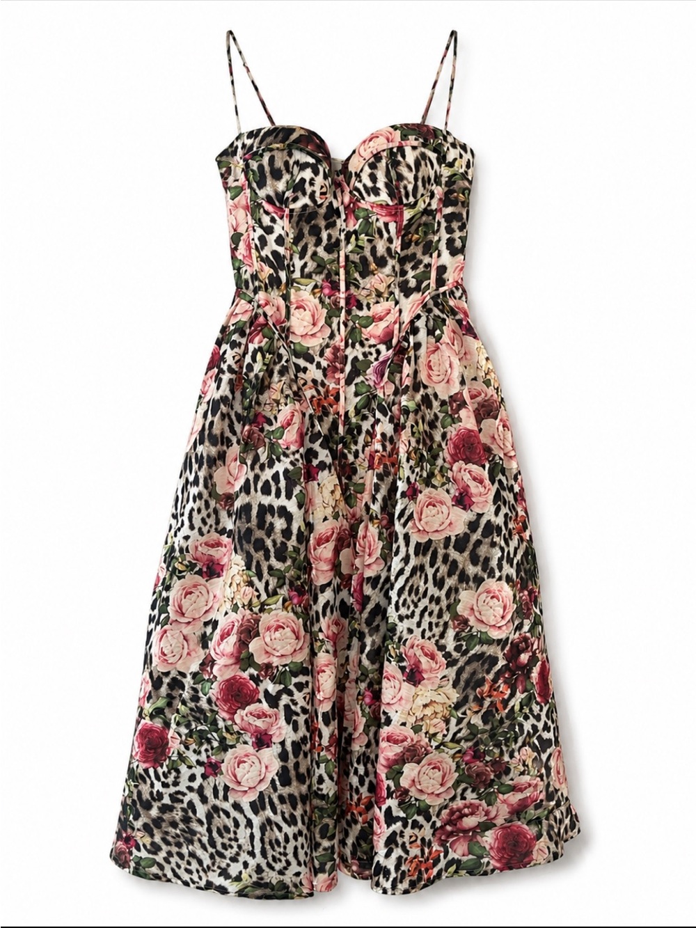The Vintage Shop Pink & Black Floral Leopard Strapless corset Midi Dress